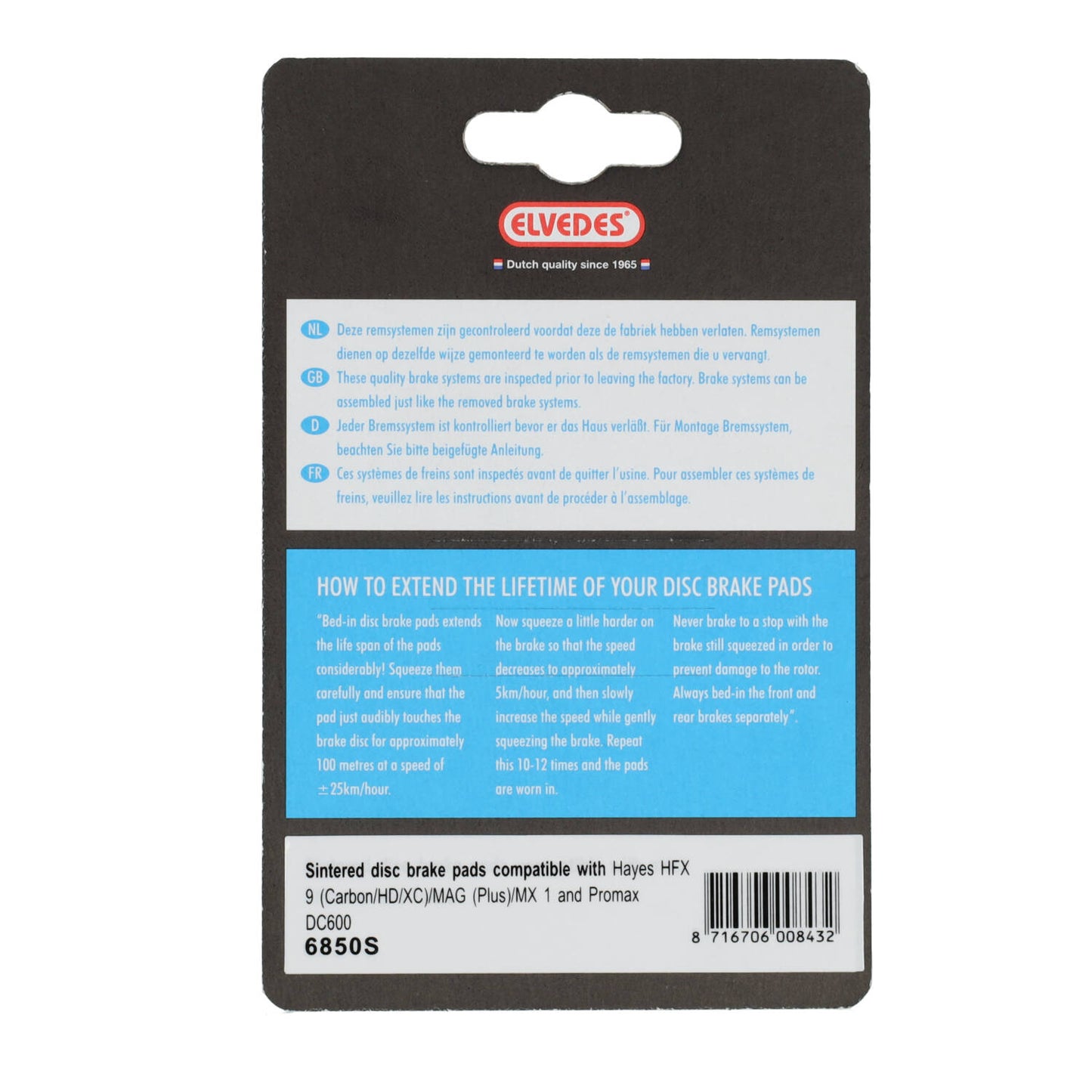 Elvedes 6850S disc brake pad compatible with Hayes / Promax