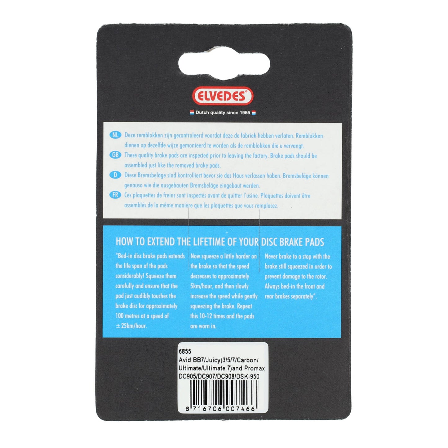 Elvedes 6855 disc brake pad compatible with Avid Mech 2002-2004 / BB7 + hydr. 5/7