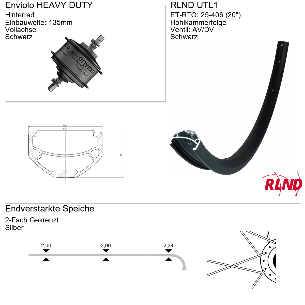 Roland achterwiel 25-406 20" zwart Enviolo Heavy Duty schijfrem 6-bouts vaste as UTL1