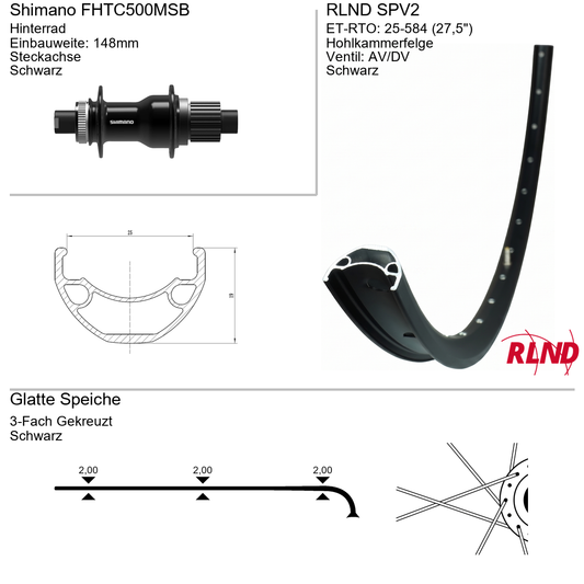 Roland achterwiel 25-584 27.5" zwart cassette 12v schijfrem Centerlock steekas 12x148 SPV2 Shimano FH-TC500-MS-B