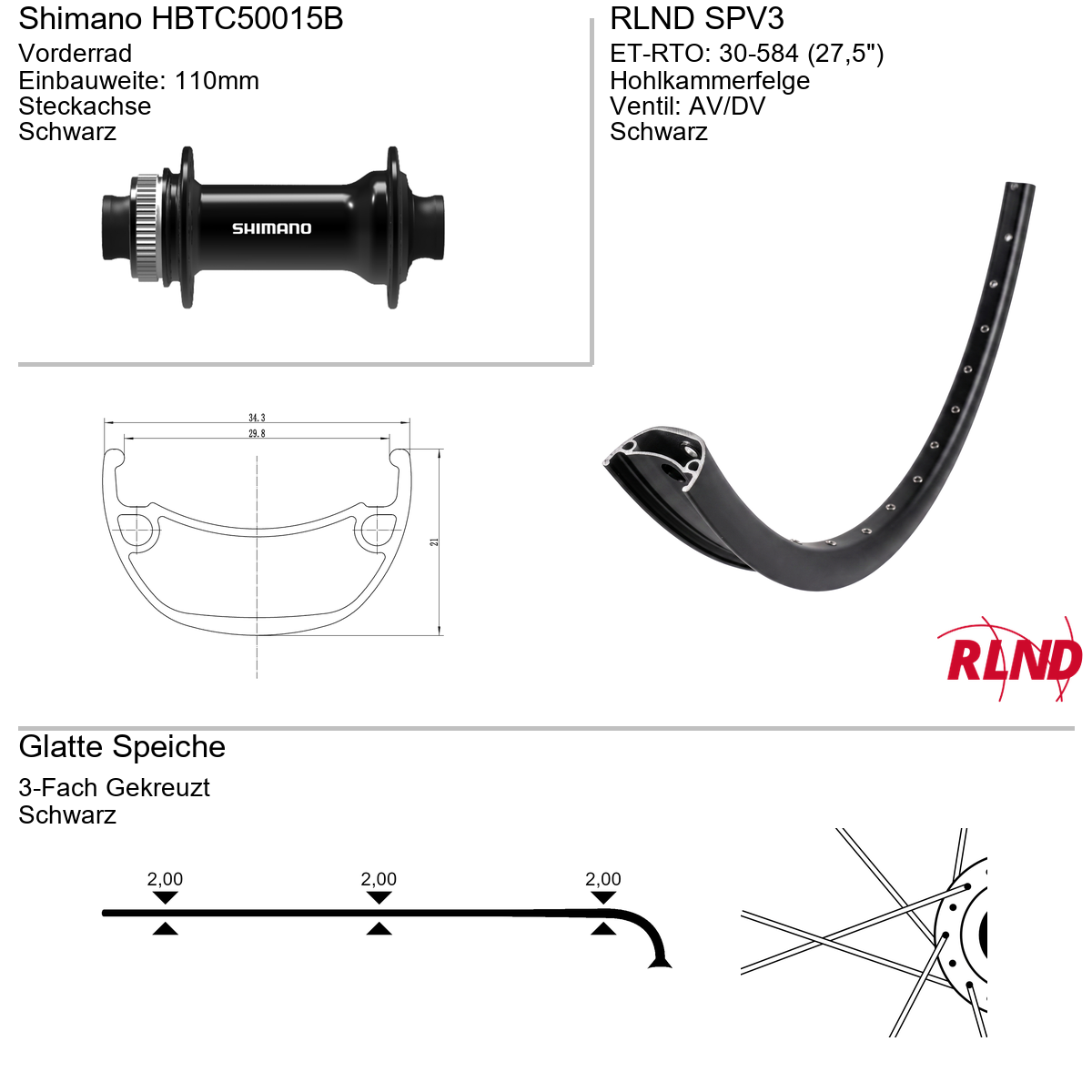 Roland voorwiel 30-584 27.5" zwart schijfrem Centerlock steekas 15x110 SPV3 Shimano HB-TC500-15-B