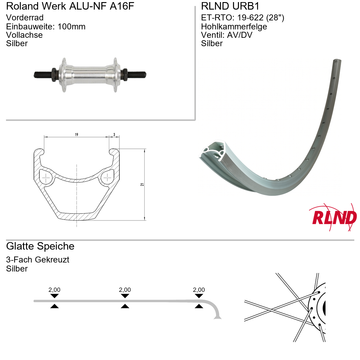 Roland voorwiel 19-622 28" zilver velgrem vaste as URB1 ALU-NF A16F