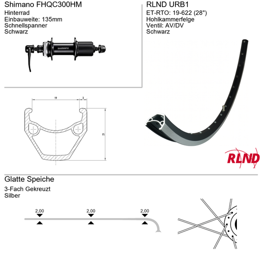 Roland achterwiel 19-622 28" zwart cassette 8/9/10v schijfrem Centerlock QR URB1 FH-QC300-HM (zilveren spaken)
