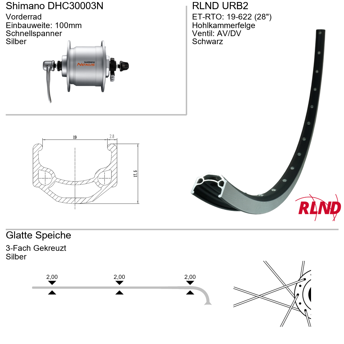 Roland voorwiel 19-622 28" zwart naafdynamo velgrem QR URB2 Shimano Nexus DH-C3000-3N (zilveren naaf)