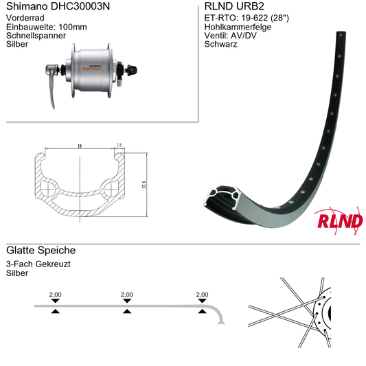 Roland voorwiel 19-622 28" zwart naafdynamo velgrem QR URB2 Shimano Nexus DH-C3000-3N (zilveren naaf)
