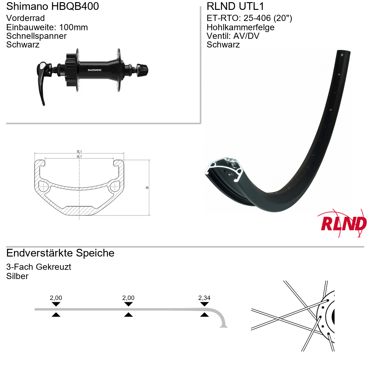 Roland Voorwiel 25-406 20" zwart schijfrem 6-bouts QR UTL1 Shimano HB-QB400