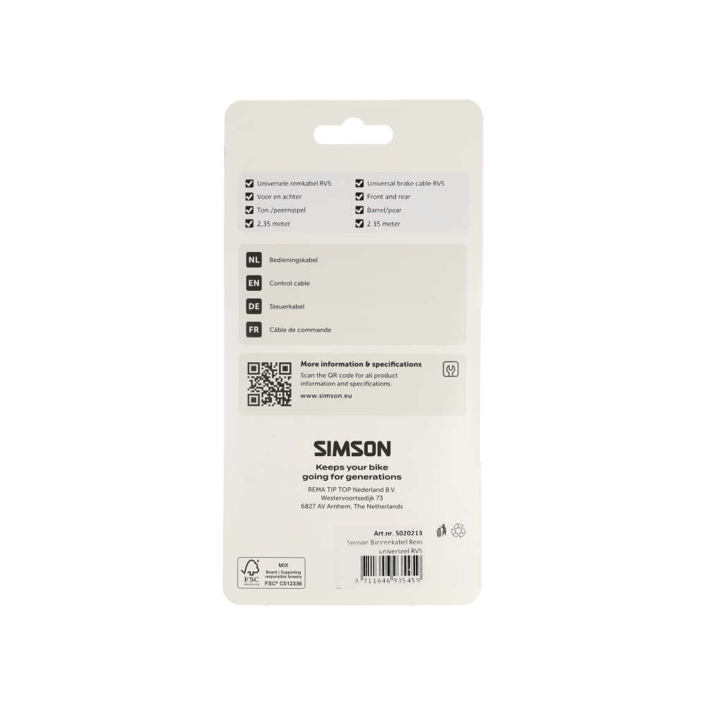 Simson S020213 binnenkabel rem Universeel RVS
