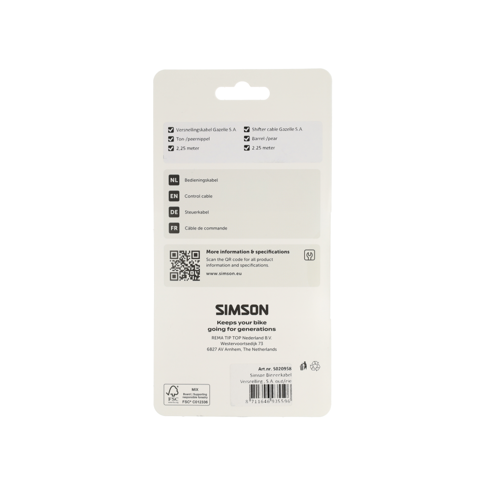 Simson S020958 binnenkabel versnelling S.A. oud/nieuw & Gazelle