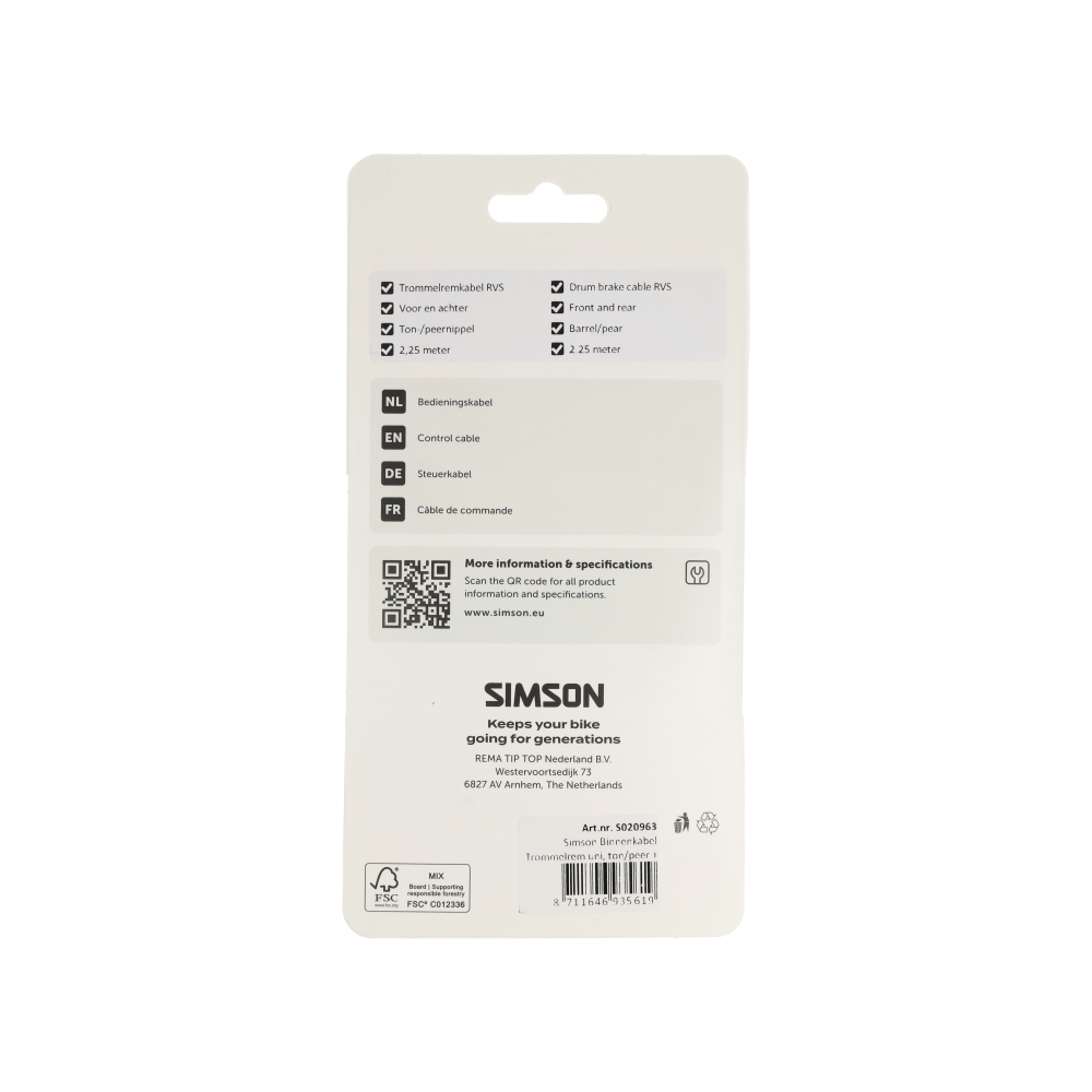 Simson S020963 binnenkabel trommelrem univers. ton/peer + inbus RVS