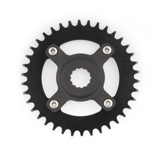 Miranda tandwiel 38T. ChainFlow® BCD steek 104 4-gaats met offset spider 47 mm. zwart