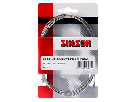 Simson 020213 binnenkabel rem universeel 2,35 mtr. met ton/peernippel RVS