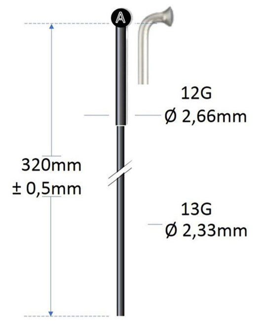 Roveba 'spaak-op-maat' Alpina spaak 13 rvs zwart E-Bike kop 12 extra strong - per stuk