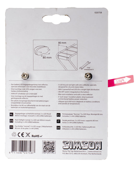 Simson 020758 bagagedrager LED achterlicht, taillight 'regular' incl. batterijen