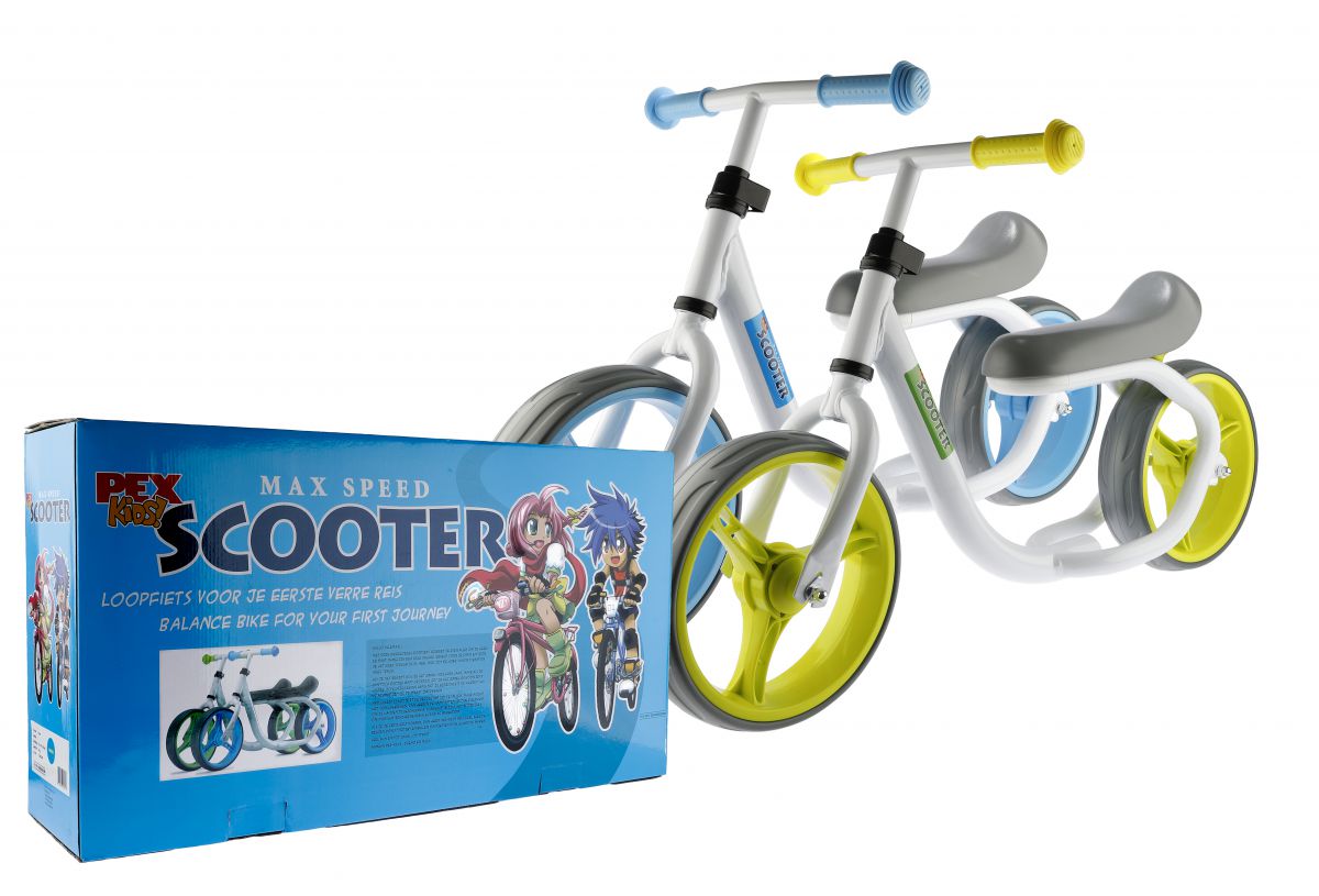 PexKids loopfiets/scooter Max Speed 10.5" alu. wit/blauw