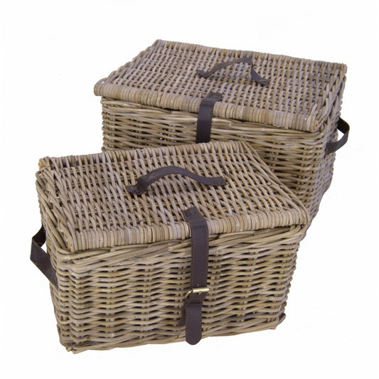 Manden set Casper 2 stuks grey met deksel en sluiting met riem 45x35x26/50x40x30