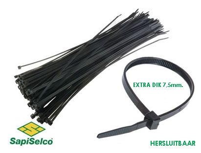 SapiSelco kabelbinder/tyrap 250x7.5mm. zwart hersluitbaar (100)