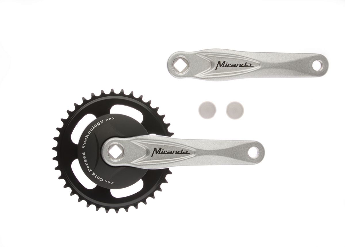 Miranda crankstel 38T. Alfa 1 3/32" + disk 9,2 cm. zwart crank zilver