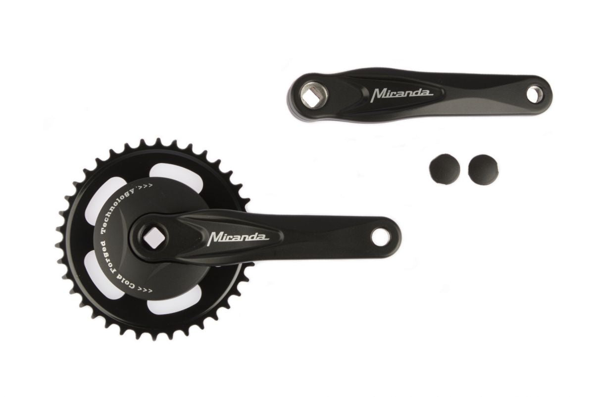 Miranda crankstel 38T. Alfa 1 3/32"+ disk 9,2 cm. zwart
