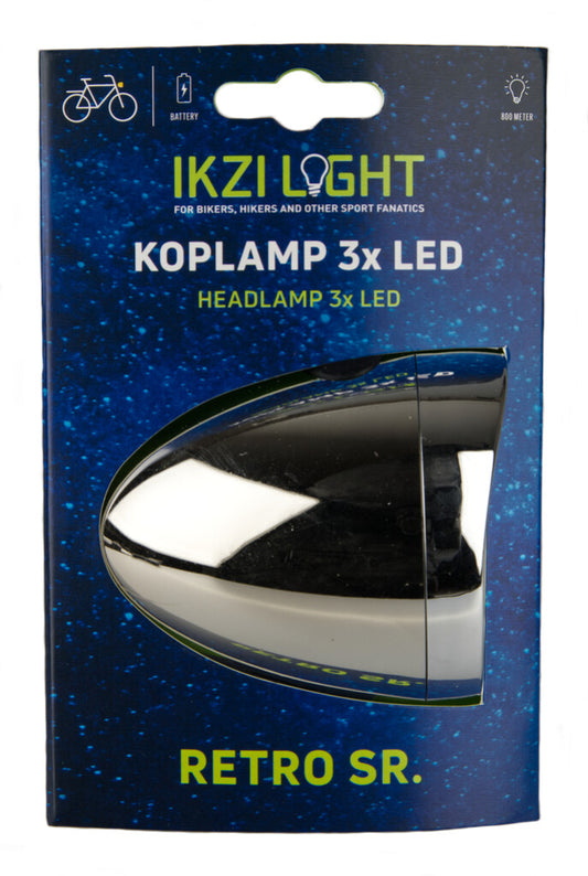 IkziLight koplamp Retro chroom 3 led + batterijen