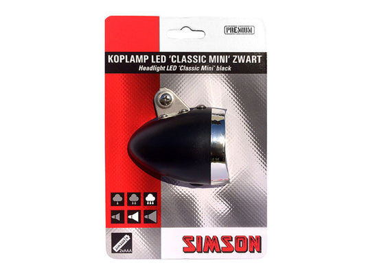 Simson 022022 batterij voorvork koplamp "Classic Mini" zwart 4 LUX on/off