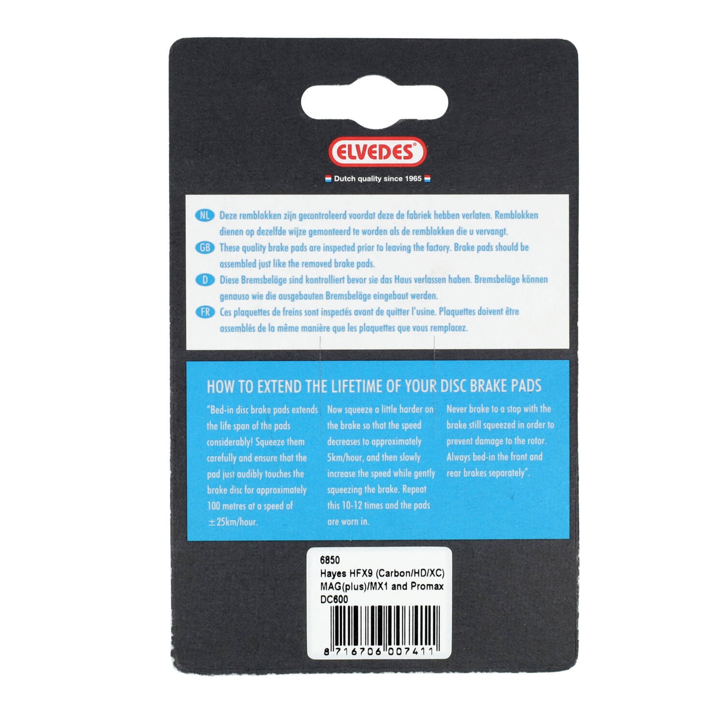 Elvedes 6850 disc brake pad soft compatible with Hayes / Promax