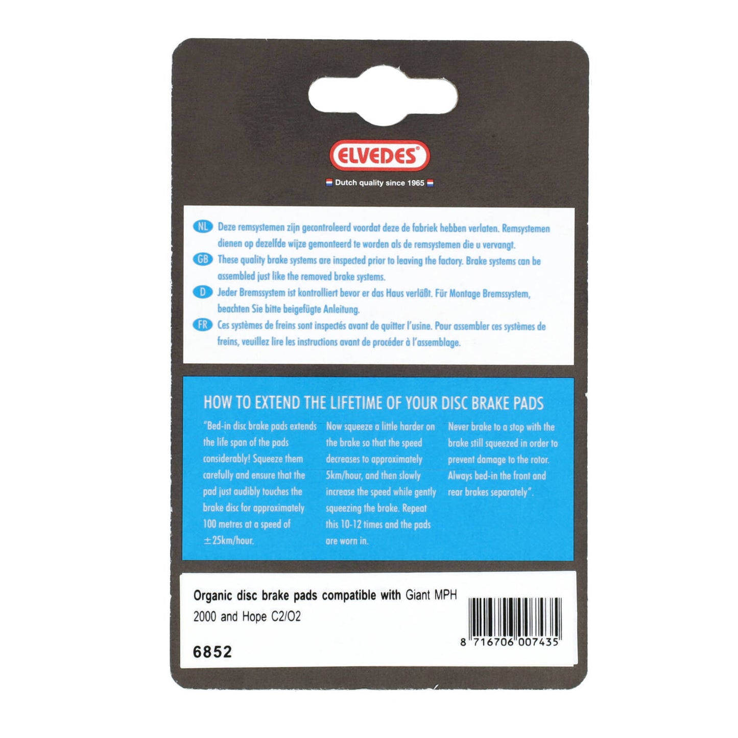 Elvedes 6852 disc brake pad compatible with Hope 2 Pistin / Giant MPH 2000