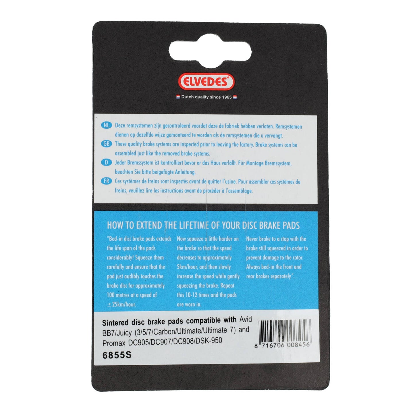 Elvedes 6855S disc brake pad compatible with Avid Mech 2002-2004 / BB7 + hydr. 5/8 sintered