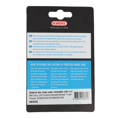 Elvedes 6855S disc brake pad compatible with Avid Mech 2002-2004 / BB7 + hydr. 5/8 sintered