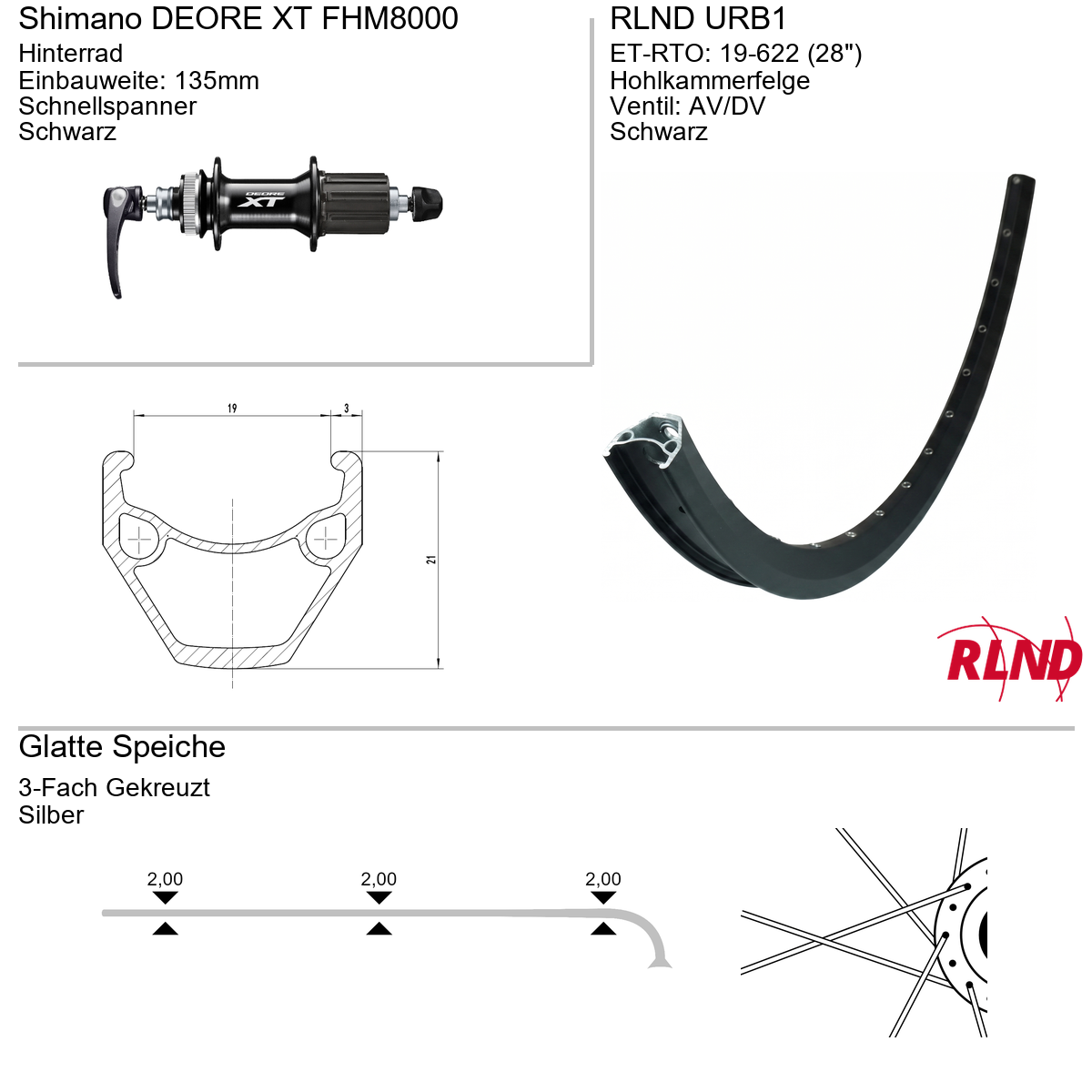 Roland achterwiel 19-622 28" zwart cassette 8/9/10v schijfrem Centerlock QR URB1 Shimano Deore XT FH-M8000
