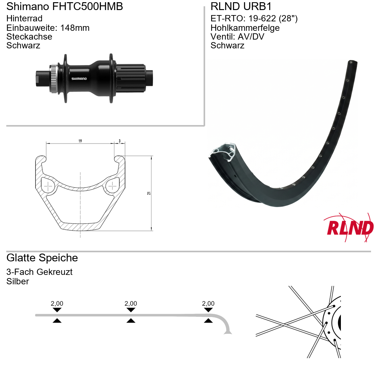 Roland achterwiel 19-622 28" zwart cassette 8/9/10v schijfrem Centerlock steekas 12x142 URB1 Shimano FH-TC500-HM