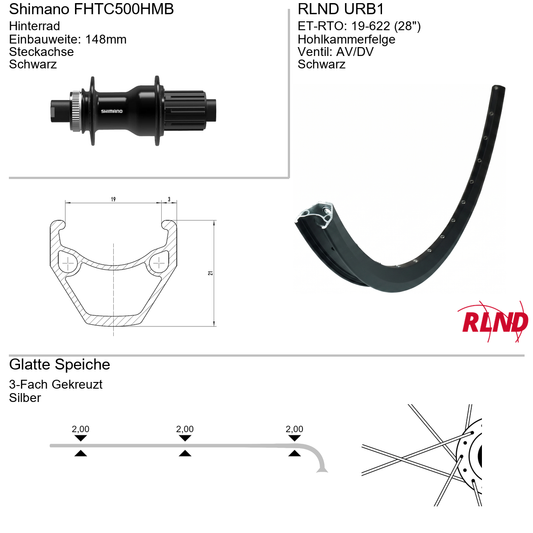 Roland achterwiel 19-622 28" zwart cassette 8/9/10v schijfrem Centerlock steekas 12x142 URB1 Shimano FH-TC500-HM