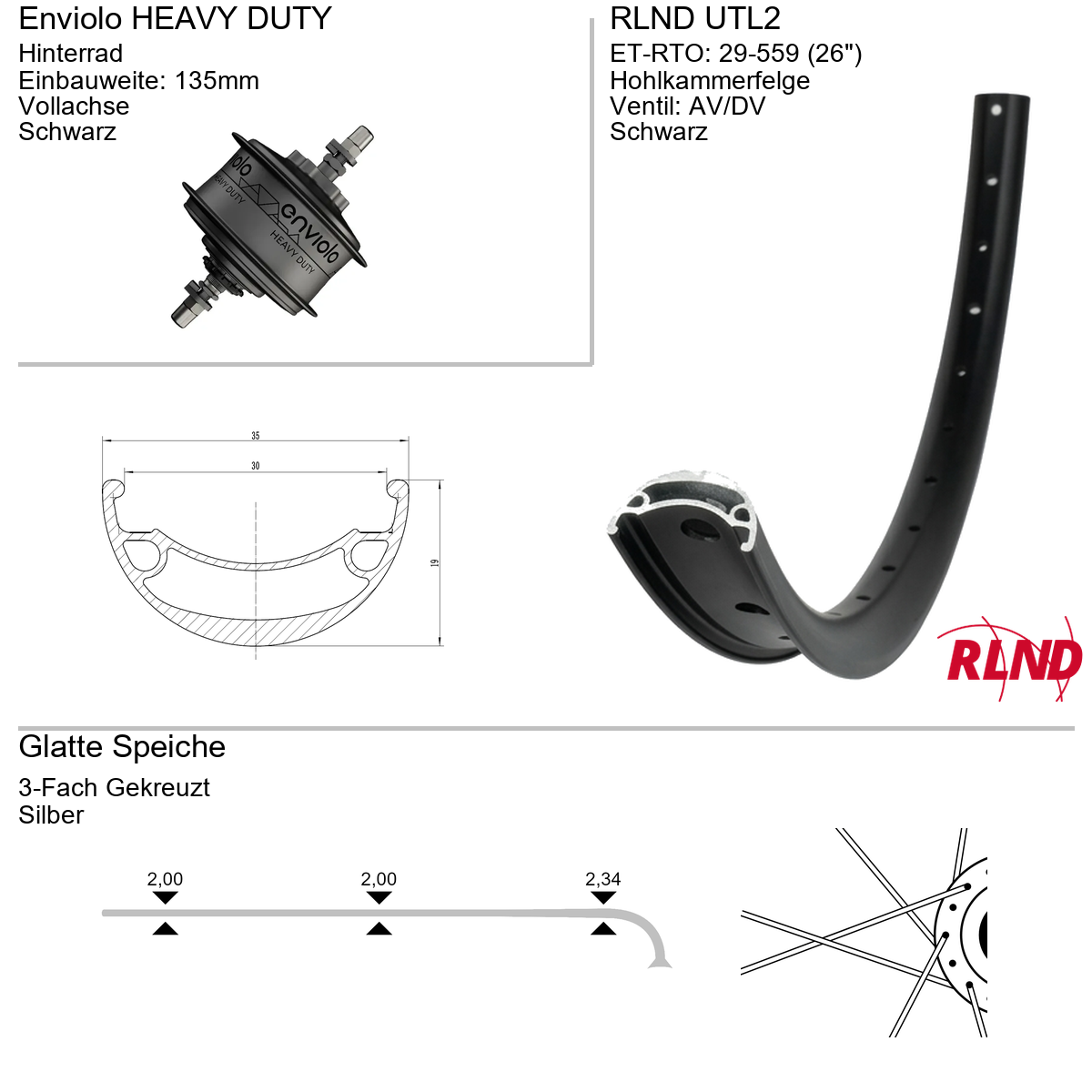 Roland Achterwiel 29-559 26" zwart Enviolo Heavy Duty schijfrem 6-bouts vaste as UTL2