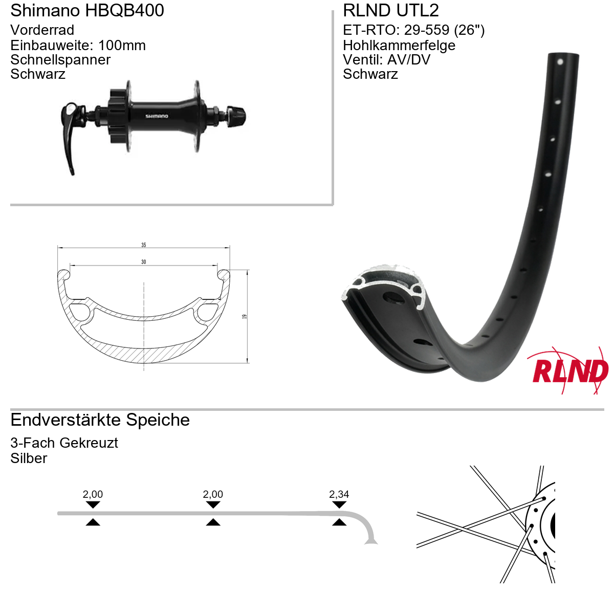 Roland Voorwiel 29-559 26" zwart schijfrem 6-bouts QR URB2 Shimano HB-QB400