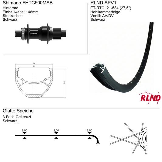 Roland achterwiel 21-584 27.5" zwart cassette 12v schijfrem Centerlock steekas 12x148 SPV1 Shimano FH-TC500-MS-B