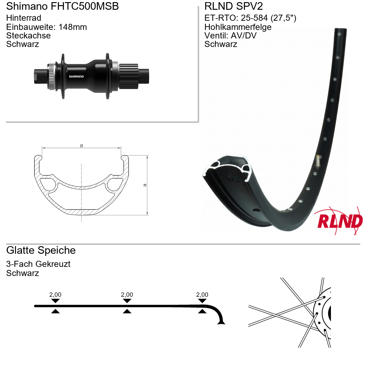 Roland Achterwiel 25-584 27.5" zwart cassette 12v schijfrem Centerlock steekas 12x148 SPV2 Shimano FH-TC500-MS-B