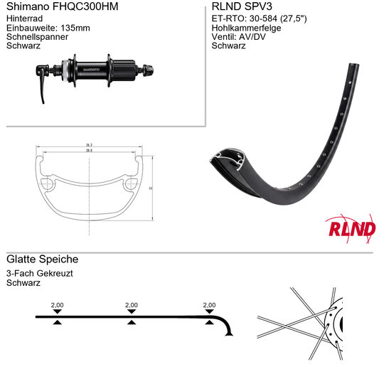 Roland achterwiel 30-584 27.5" zwart cassette 8/9/10v schijfrem Centerlock QR SPV3 FH-QC300-HM
