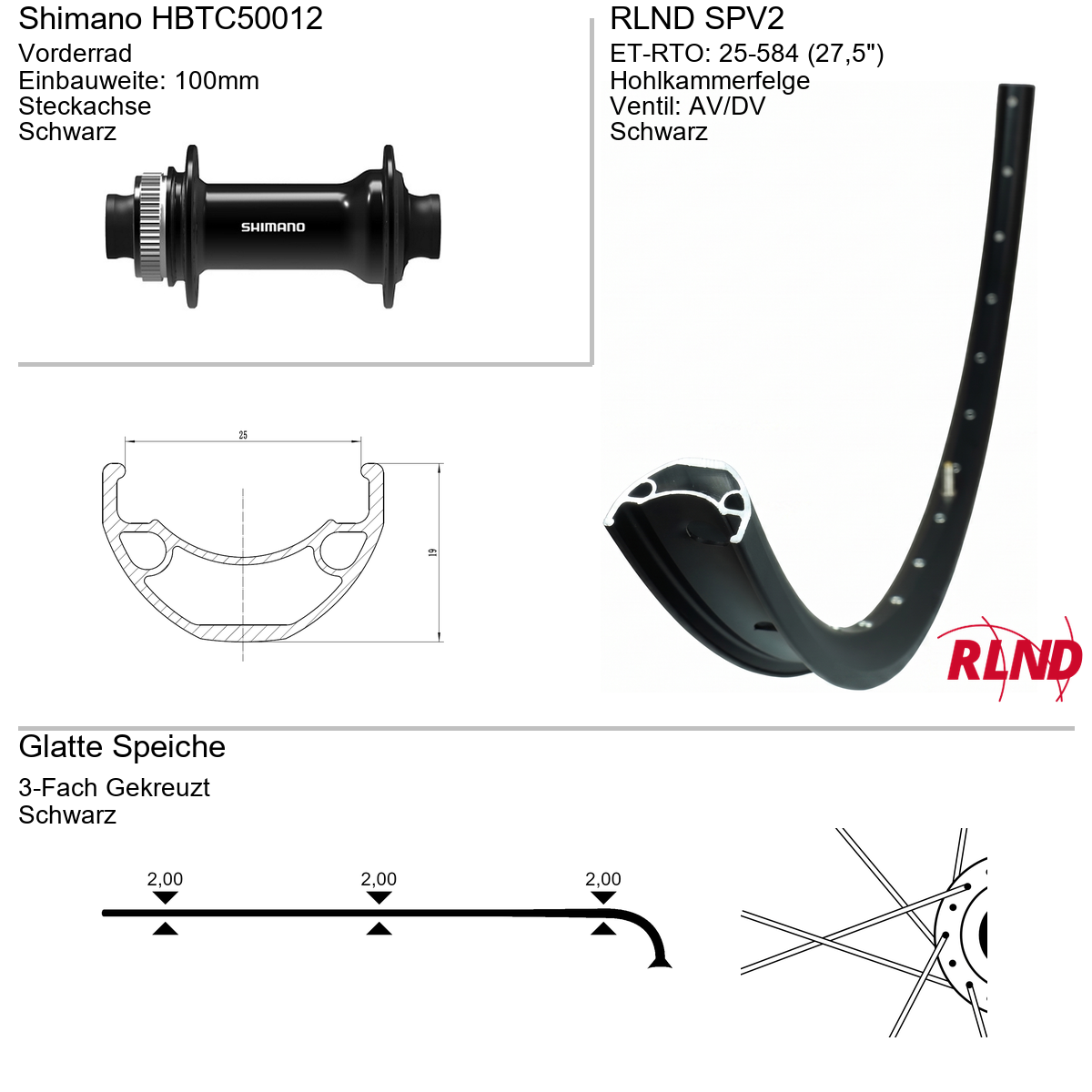 Roland voorwiel 25-584 27.5" zwart schijfrem Centerlock steekas 12x100 SPV2 Shimano HB-TC500-12