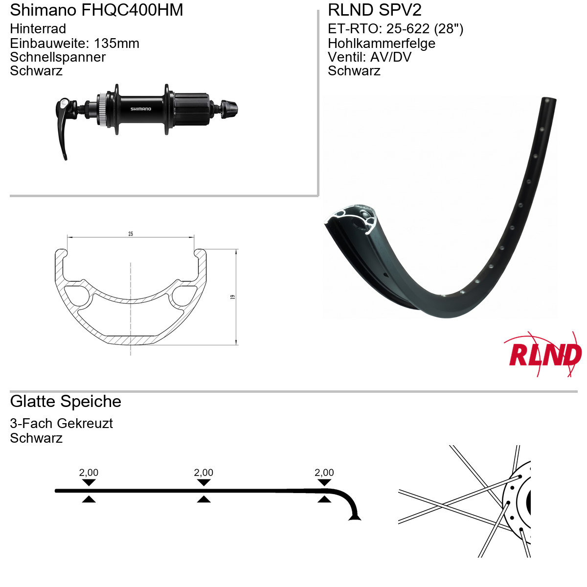 Roland Achterwiel 25-622 28" zwart cassette 8/9/10v schijfrem Centerlock QR SPV2 Shimano FH-QC400-HM
