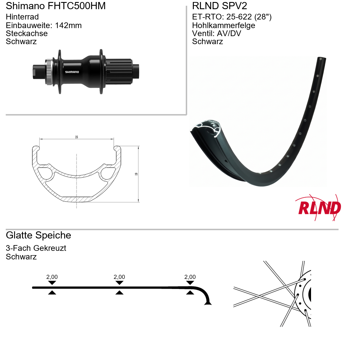 Roland Achterwiel 25-622 28" zwart cassette 8/9/10v schijfrem Centerlock steekas 12x142 SPV2 Shimano FH-TC500-HM