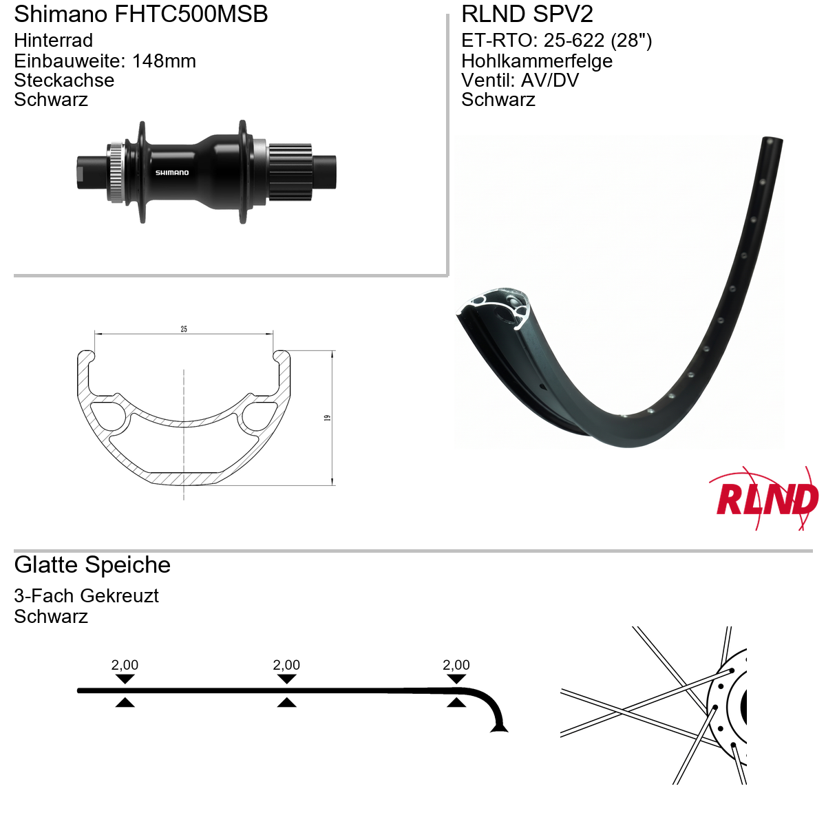 Roland Achterwiel 25-622 28" zwart cassette 12v schijfrem Centerlock steekas 12x148 SPV2 Shimano FH-TC500-MS-B
