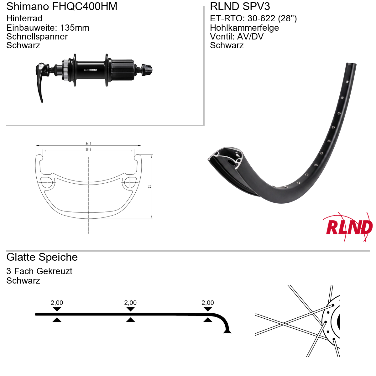 Roland achterwiel 30-622 28" zwart cassette 8/9/10v schijfrem Centerlock QR SPV3 Shimano FH-QC400-HM