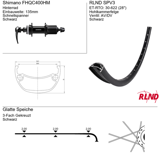 Roland achterwiel 30-622 28" zwart cassette 8/9/10v schijfrem Centerlock QR SPV3 Shimano FH-QC400-HM