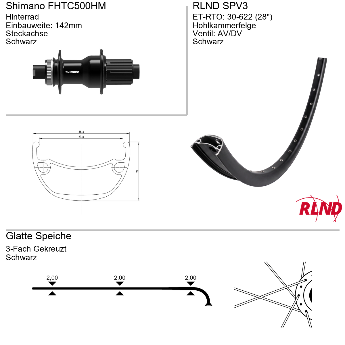 Roland achterwiel 30-622 28" zwart cassette 8/9/10v schijfrem Centerlock steekas 12x142 SPV3 Shimano FH-TC500-HM