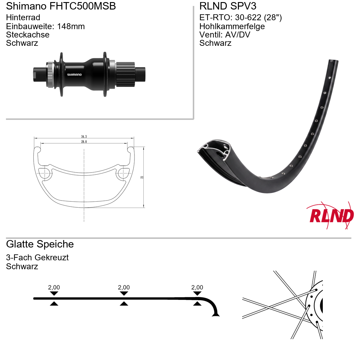 Roland achterwiel 30-622 28" zwart cassette 12v schijfrem Centerlock steekas 12x148 SPV3 Shimano FH-TC500-MS-B