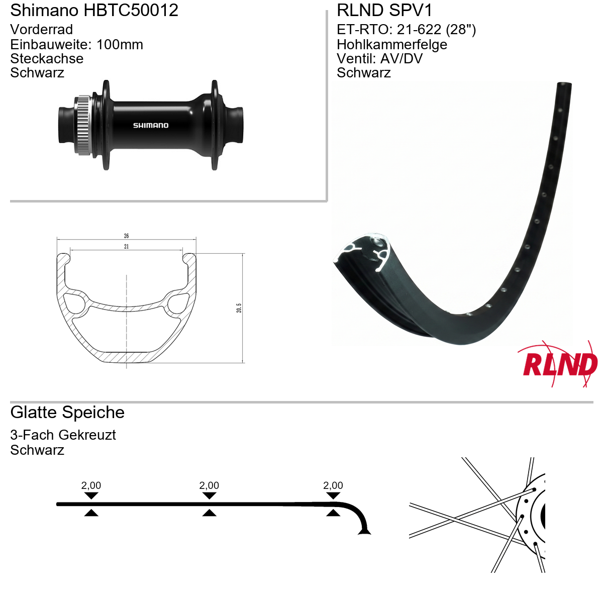 Roland voorwiel 21-622 28" zwart schijfrem Centerlock steekas 12x100 SPV1 Shimano HB-TC500-12