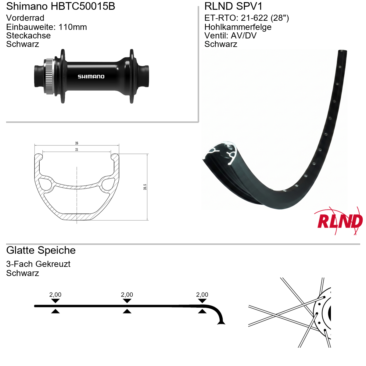 Roland voorwiel 21-622 28" zwart schijfrem Centerlock steekas 15x110 SPV1 Shimano HB-TC500-15-B