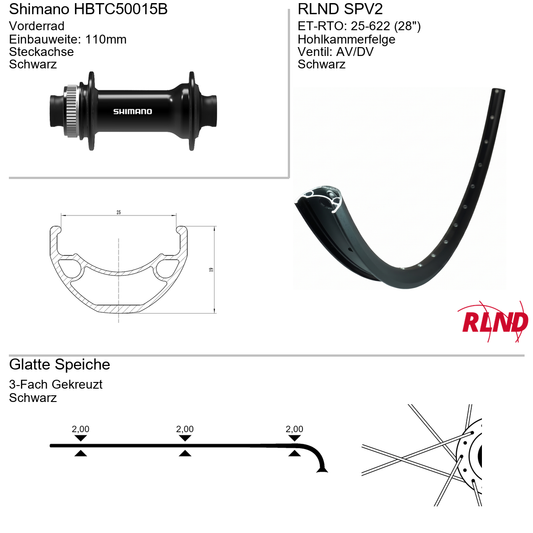 Roland voorwiel 25-622 28" zwart schijfrem Centerlock steekas 15x110 SPV2 Shimano HB-TC500-15-B