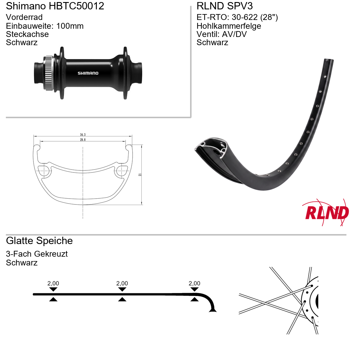 Roland voorwiel 30-622 28" zwart schijfrem Centerlock steekas 12x100 SPV3 Shimano HB-TC500-12
