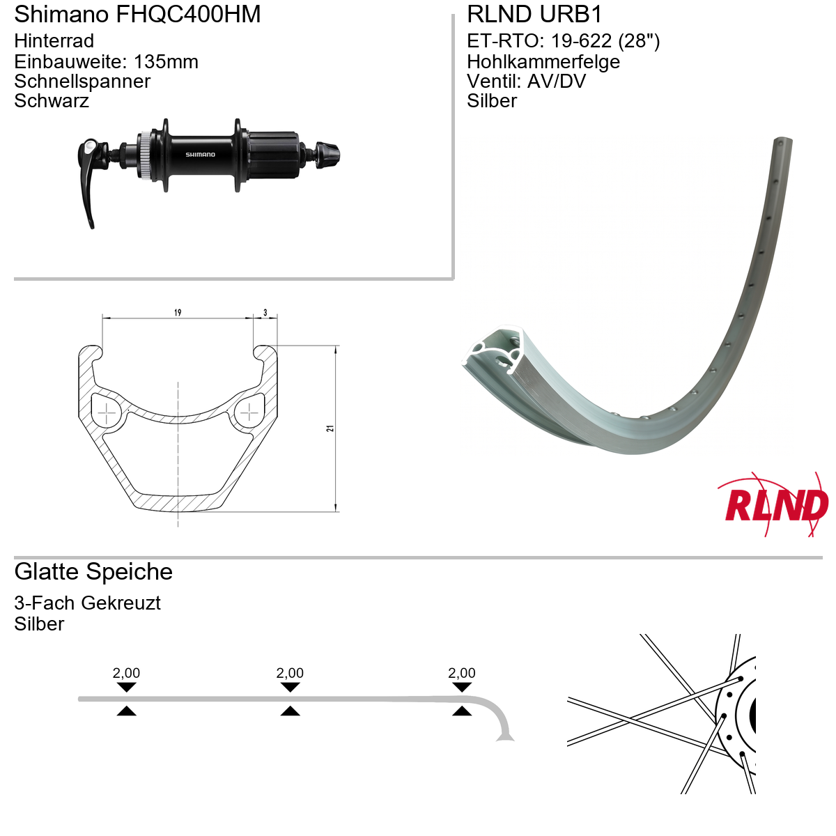 Roland achterwiel 19-622 28" zilver cassette 8/9/10v schijfrem Centerlock QR URB1 Shimano FH-QC400-HM