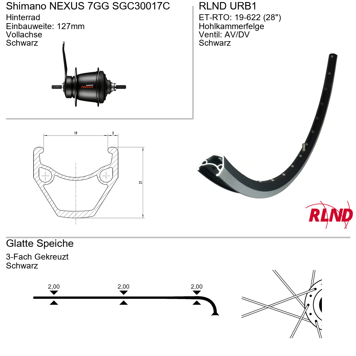 Roland achterwiel 19-622 28" zwart nexus 7v remnaaf vaste as URB2 Shimano SG-C3001-7C